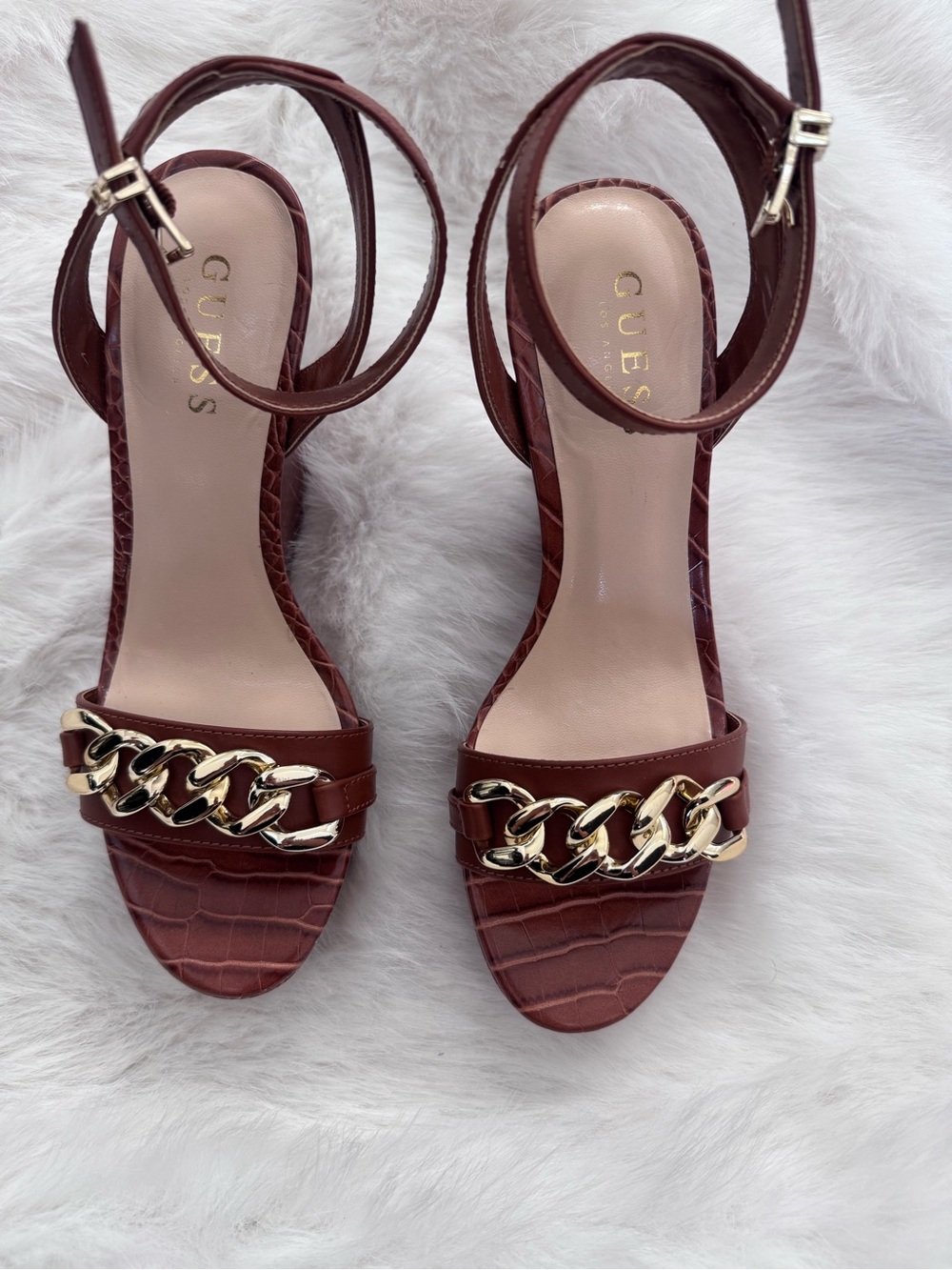 GUESS Brown Croc-Embossed Gold-Chain Ankle Strap Heels